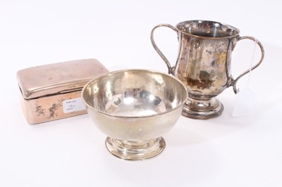 Lot 384 - Victorian silver bowl, Edwardian silver cigarette box and and Old Sheffield plate twin handled cup
