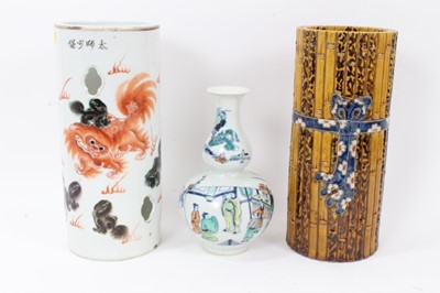Lot 216 - Three Chinese ceramic items, including a Doucai double gourd vase, a Republic sleeve vase decorated with a foo dog, and an imitation Bamboo sleeve vase