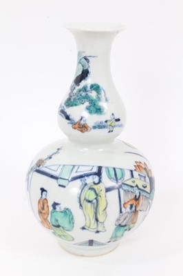 Lot 287 - Three Chinese ceramic items, including a Doucai double gourd vase, a Republic sleeve vase decorated with a foo dog, and an imitation Bamboo sleeve vase