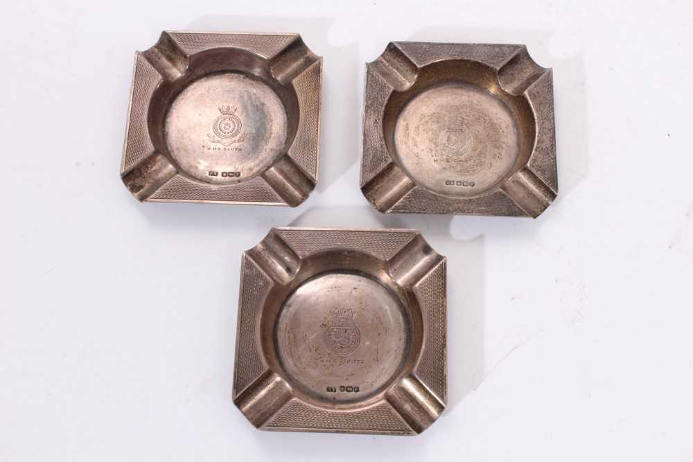 Lot 420 - Set of three silver ashtrays, engraved for HMS St Kitts, HMS Cadiz and HMS Sluys