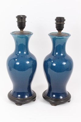 Lot 289 - Pair of Chinese crackle-glazed blue monochrome lamps