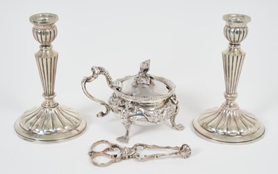 Lot 350 - George IV silver mustard, pair of Georgian silver sugar nips and pair of Spanish silver candlesticks