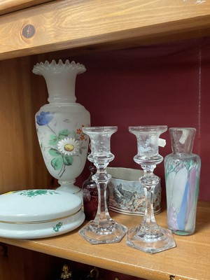 Lot 202 - Pair of Sèvres glass candlesticks, together with murano glass vase, French opaline glass vase and other items