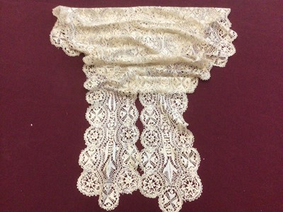 Lot 2088 - Box of lace including bobbin lace large fall cap, Maltese lace lengths and other items, bobbin lace wide collar and lenght, decorated net lace plus some lace table linens.