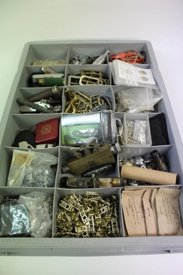 Lot 845 - One tray containing a large quantity of militaria to include pen knives, Clinometer, badges and other items.