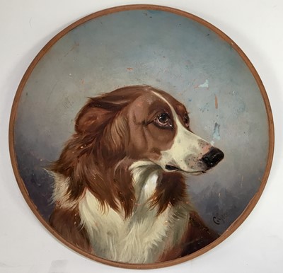 Lot 28 - Colin Graeme (1858 - 1910) painted cuff  cstudy on earthenware plate - head of a collie dog, signed ‘C.Graeme’, 24cm diameter