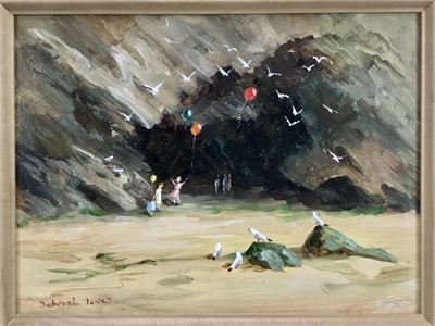 Lot 29 - Deborah Jones (d. 2012 ) oil on board - Children playing on a beach below cliffs, signed, 29cm x 39cm