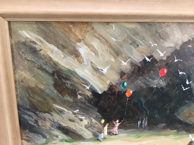 Lot 29 - Deborah Jones (d. 2012 ) oil on board - Children playing on a beach below cliffs, signed, 29cm x 39cm