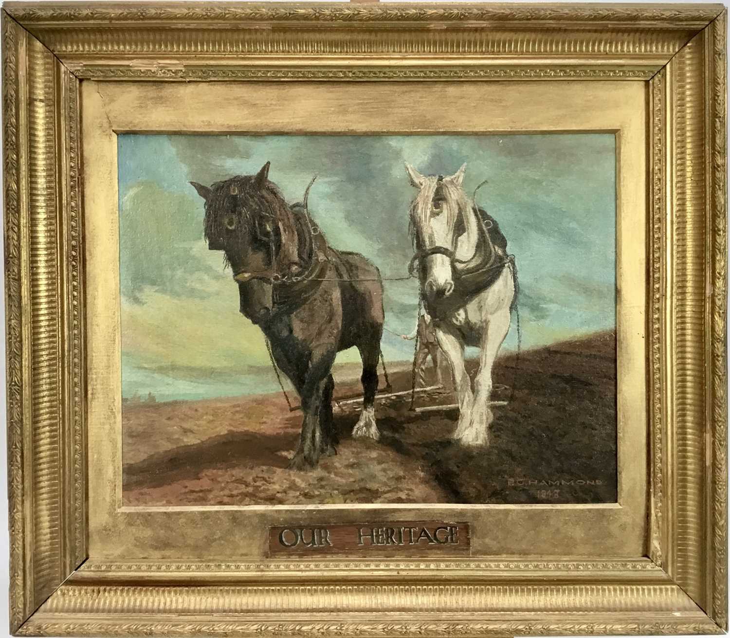 Lot 30 - English school oil on canvas - "Our Heritage", two shire horses pulling a rake, signed and dated P G Hammond 1948, 33 x 44cm