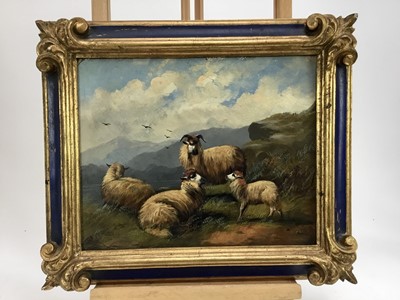 Lot 32 - Manner of John W. Morris oil on board - sheep in a mountainous river landscape, 24cm x 30cm