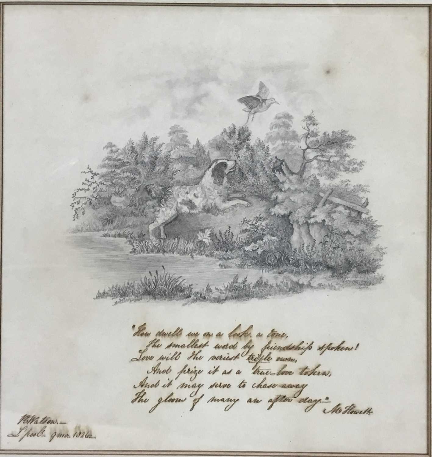 Lot 34 - English School 19th century pencil drawing inscribed with verse - spaniel gun dog chasing a plover, signed B. Watson 1826'