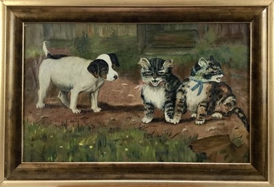 Lot 35 - English school oil on canvas - a puppy and kittens, signed and dated 'May Egdell, 1912'