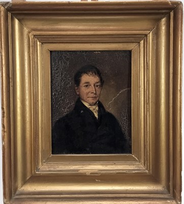 Lot 57 - English School early 19th Century oil on board - A half length portrait of a gentleman, 16cm x 13cm, in period gilt frame