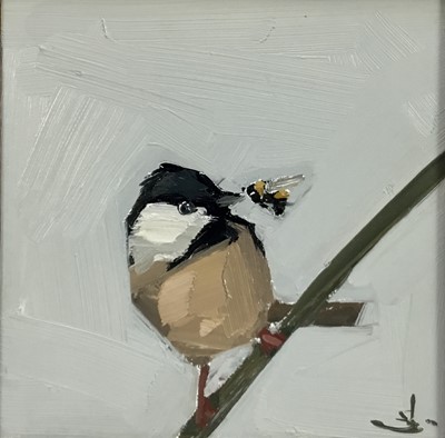 Lot 58 - Vivek Mandalia
An oil on board of a yellow tit and a bumblebee,
monogrammed, in painted frame. 20 x 20cm