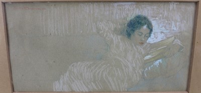 Lot 171 - Sarkis Katchadourian (Armenian 1886-1947) pastel on paper - Lady Reading, signed, 17cm x 35cm, in glazed frame