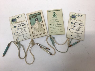 Lot 1475 - Mixed ephemera including postcards, four dance cards with attached pencils, Carreras Fortune Telling cards, Nell Gwyn playing cards, Tucks small books.  Plus a cigar box containing draughts and dom...