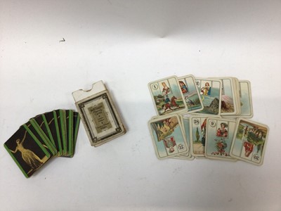 Lot 1475 - Mixed ephemera including postcards, four dance cards with attached pencils, Carreras Fortune Telling cards, Nell Gwyn playing cards, Tucks small books.  Plus a cigar box containing draughts and dom...