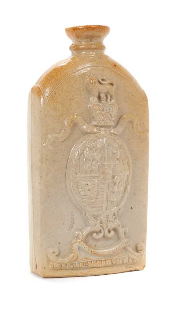 Lot 1 - H.M. Queen Victoria 1837, scarce commemorative Lambeth salt glazed stoneware gin flask decorated in relief with a standing figure of The Queen and The Royal Coat of Arms...