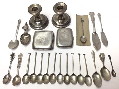 Lot 213 - Two silver cigarette cases, together with a pair of dwarf silver candlesticks and assorted silver flatware (various dates and makers), 15.5oz of weighable silver