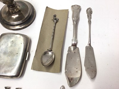 Lot 213 - Two silver cigarette cases, together with a pair of dwarf silver candlesticks and assorted silver flatware (various dates and makers), 15.5oz of weighable silver