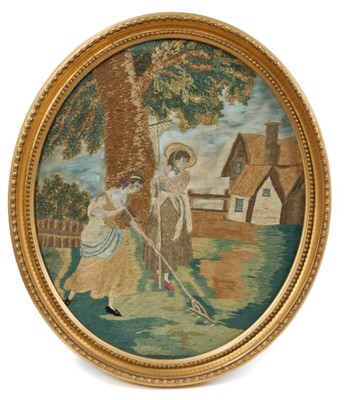 Lot 802 - Pair of Regency silk embroidered oval pictures