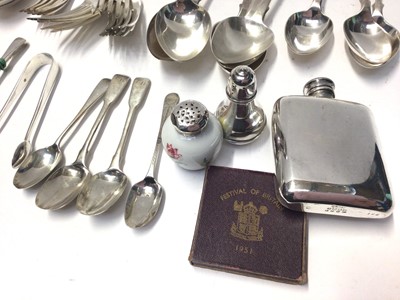 Lot 223 - Three Georgian fiddle pattern table spoons, together silver napkin rings, other silver flatware and quantity of plated flatware, 16oz of weighable silver.