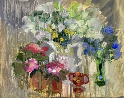 Lot 224 - Annelise Firth (b.1961) oil on board - ‘Spring still life with camellia bluebells and cow parsley’ signed and dated 2022