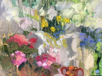 Lot 224 - Annelise Firth (b.1961) oil on board - ‘Spring still life with camellia bluebells and cow parsley’ signed and dated 2022
