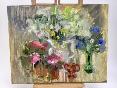 Lot 134 - Annelise Firth (b.1961) oil on board - ‘Spring still life with camellia bluebells and cow parsley’ signed and dated 2022