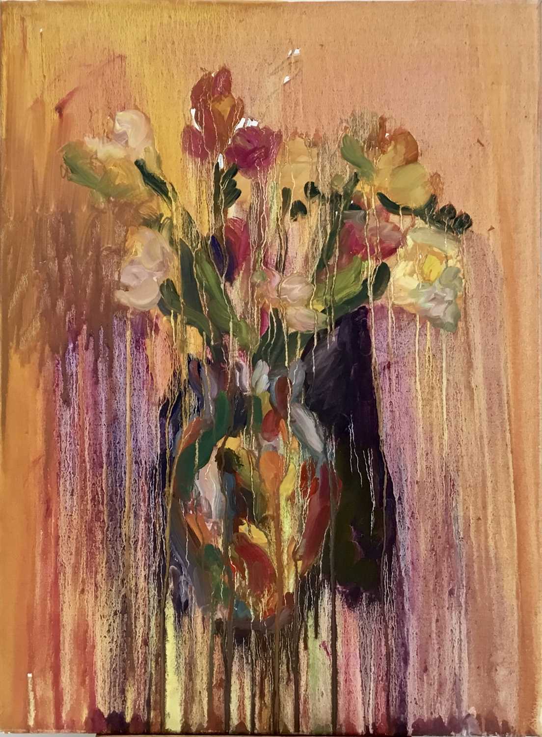 Lot 140 - Annelise Firth (b.1961) oil on canvas - ‘White tulips and freesia’