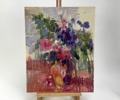 Lot 143 - Annelise Firth (b.1961) oil on board - ‘Still life with camelias’, signed and dated 2022 verso, 40cm x 50cm
