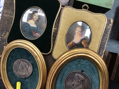 Lot 197 - Two 18th century style portrait miniatures, pair of framed medallions.