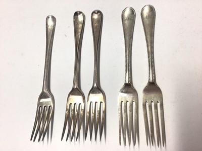 Lot 231 - Two Victorian silver forks, (Edinburgh 1873), together with three other silver forks (various dates and makers), all at 5.5oz