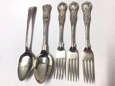 Lot 232 - Three silver King's pattern forks, together with a silver King's pattern table spoon, a silver toddy ladle and other silver flatware (various dates and makers), all at 19oz