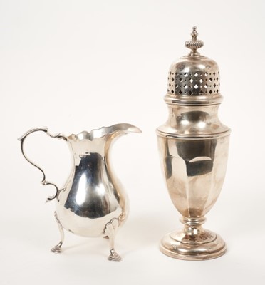 Lot 389 - Footed silver cream jug, together with a baluster castor, sugar bowl and sifter spoon