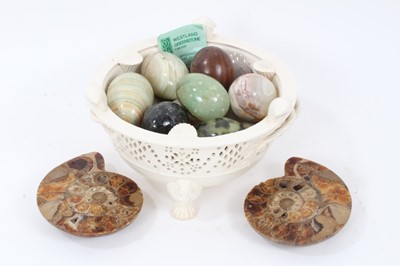 Lot 801 - Collection specimen stone and wooden eggs and pair of ammonites