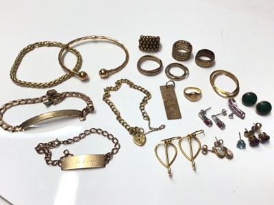 Lot 266 - Group of 9ct gold jewellery to include torque bangle, four bracelets, two 'Russian' wedding rings, four other rings, ingot and two pairs of earrings