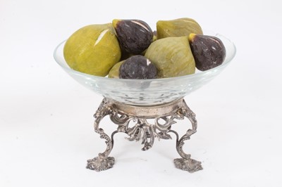 Lot 803 - Victorian silver burner stand now with glass mount, together with stone carved models of fruit