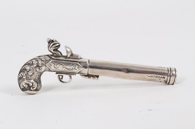 Lot 240 - Victorian Sampson & Mordan silver propeling pencil in the form of a flintlock pistol, the barrel stamped S. Mordan, July 6 1840, 6.5cm in length