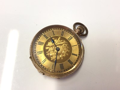 Lot 137 - Late 19th century Continental 14ct gold fob watch in engraved case, 3.4cm in diameter