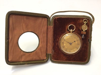 Lot 247 - Victorian 18ct gold fob watch in engraved case, (London 1873), movement signed John Walker, in original leather travelling case, watch 4cm in diameter