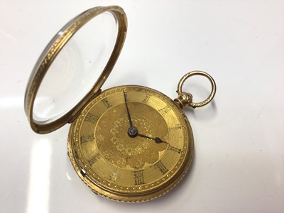 Lot 247 - Victorian 18ct gold fob watch in engraved case, (London 1873), movement signed John Walker, in original leather travelling case, watch 4cm in diameter