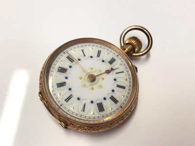 Lot 138 - Late 19th century Continental 14ct gold fob watch in engraved case, 3.5cm in diameter