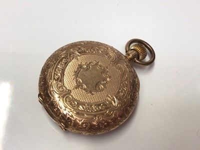 Lot 248 - Late 19th century Continental 14ct gold fob watch in engraved case, 3.5cm in diameter