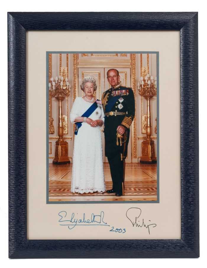 Lot 8 - H.M.Queen Elizabeth II and H.R.H. The Duke of Edinburgh, fine signed presentation colour portrait photograph of the Royal couple wearing Orders and decorations signed in ink 'Elizabeth R 2003 Phili...