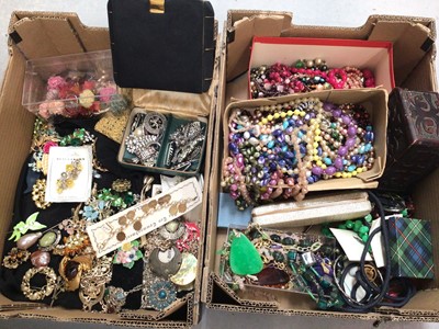Lot 271 - Costume Jewellery selection of bead, stone, glass, shell, faux pearl necklaces, brooches including paste, marcasite, Scottish, silver, English black suede vanity handbag etc.