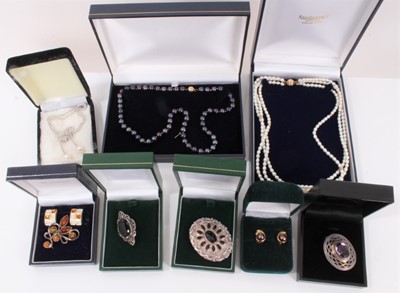 Lot 523 - Group of jewellery to include a black cultured pearl necklace and earrings with 9ct gold fittings, freshwater cultured pearl three-strand necklace, cultured pearl and silver necklace and four silve...