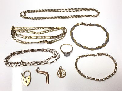 Lot 281 - Group of 9ct gold and yellow metal jewellery to include a ring, bracelets and chains