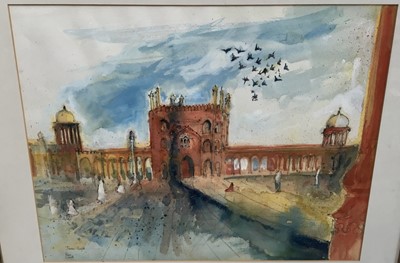 Lot 274 - Nina Carroll (1932-1990) watercolour and ink - 'Jama Massid, Delhi,'