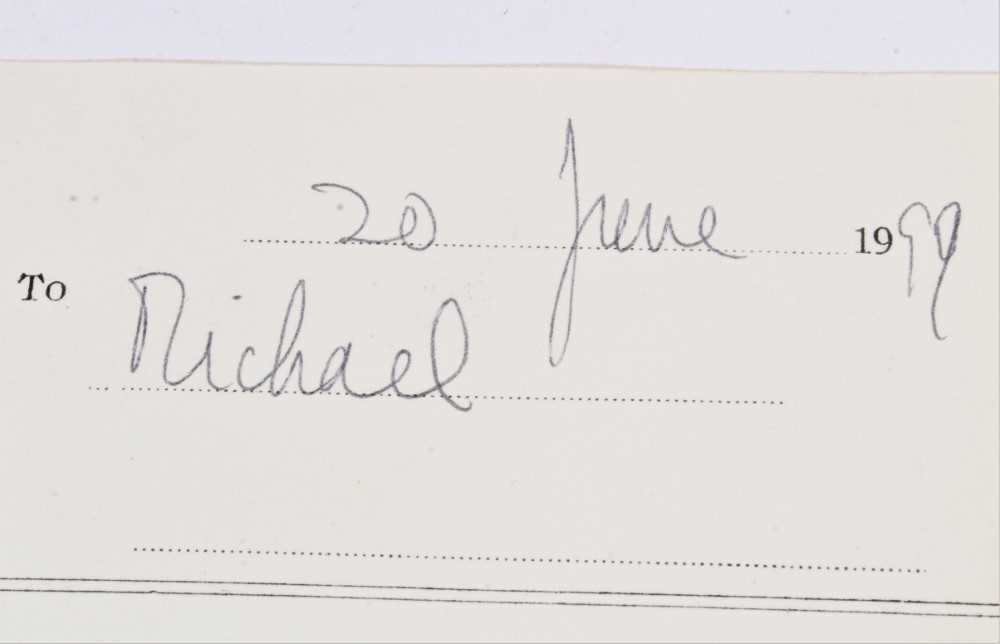 Lot 9 - H.M.Queen Elizabeth II, handwritten note dated 20th June 1999 to Michael expressing her delight in a purchase - signed ER